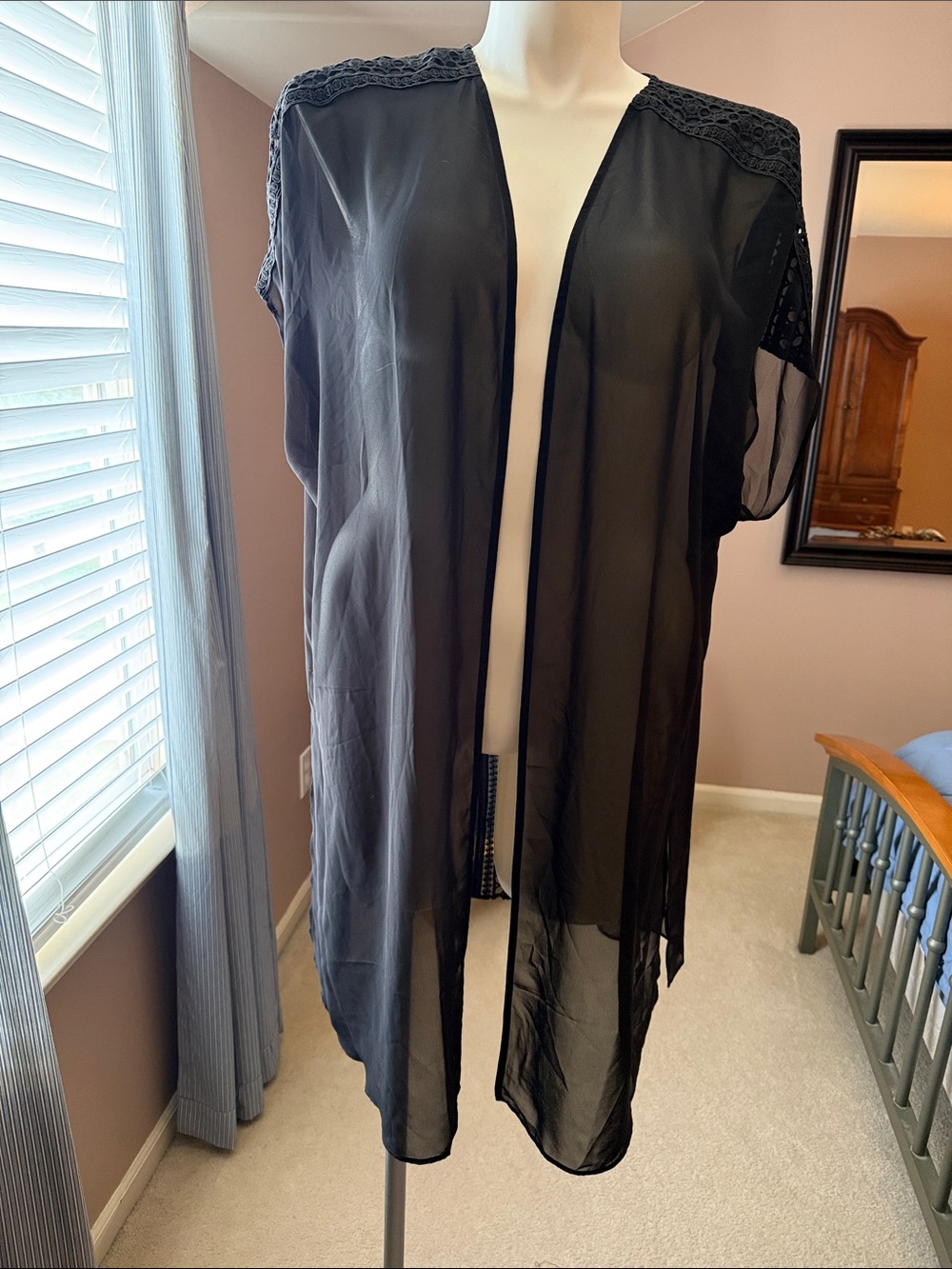 Black Sheer Crochet-Shoulder Swim Cover-Up Kimono